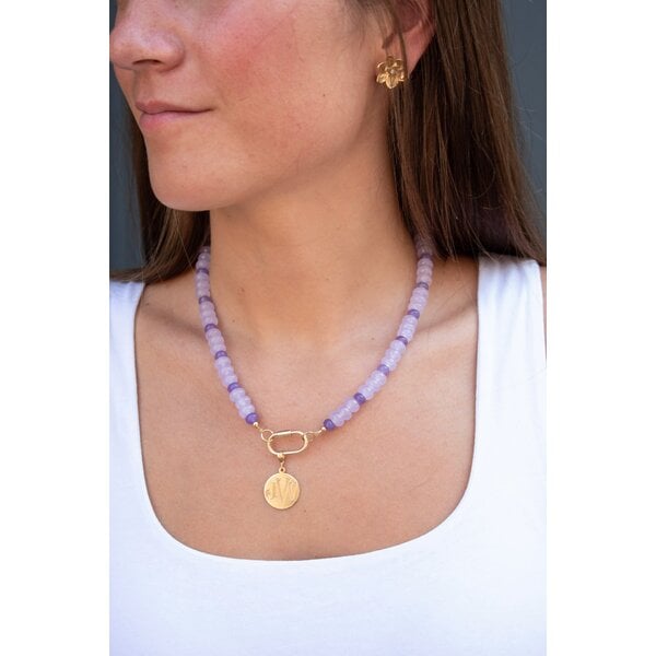 Gold Filled Light Purple Jade & Dark Purple Jade Beaded Necklace 17.5" with Carabiner Clasp