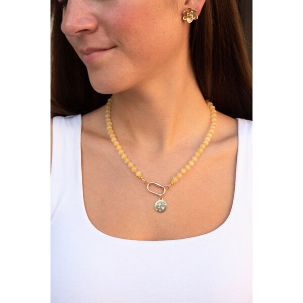 Gold Filled Light Yellow Jade & Dark Yellow Jade Beaded Necklace 17.5" with Carabiner Clasp
