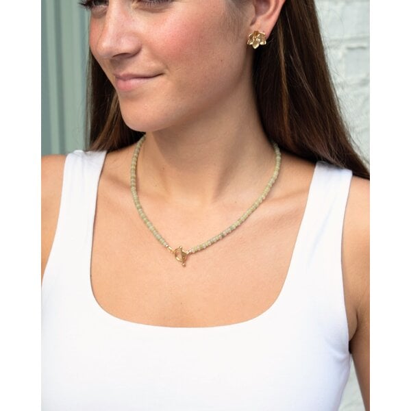 Gold Filled 4x3mm Light Pink & Sage Jade Beaded Necklace 17.5" with Toggle Clasp