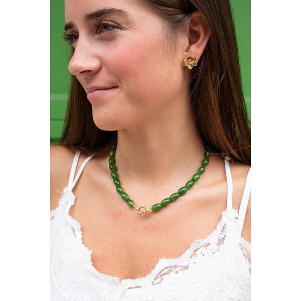 Gold Filled 12x8mm British Columbia Green Jade Rice Beaded Necklace 16" with Toggle Clasp