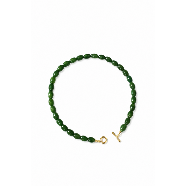 Gold Filled 12x8mm British Columbia Green Jade Rice Beaded Necklace 16" with Toggle Clasp