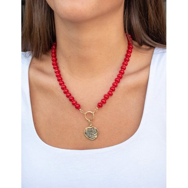 Gold Filled 8x5mm Red Jade & 4x3mm Red Jade Beaded Necklace 17.5" with Push Clasp