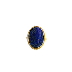 14KY Estate Carved Lapis Cameo Ring w Rope Edge Sz 5.75