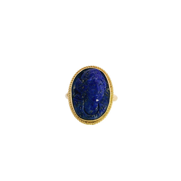 14K Yellow Gold Estate Carved Lapis Cameo Ring with Rope Edge Size 5.75