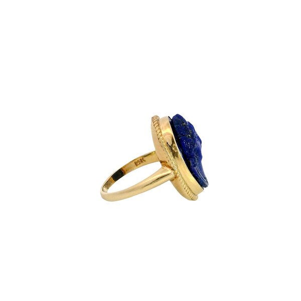 14K Yellow Gold Estate Carved Lapis Cameo Ring with Rope Edge Size 5.75