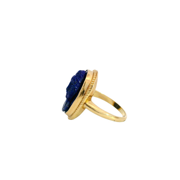 14K Yellow Gold Estate Carved Lapis Cameo Ring with Rope Edge Size 5.75