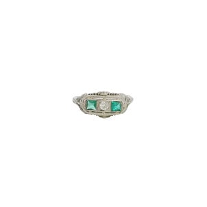18KW 1930's Three Stone .05ct Dia .30ct Synthetic Em Deco Ring Sz 7.25