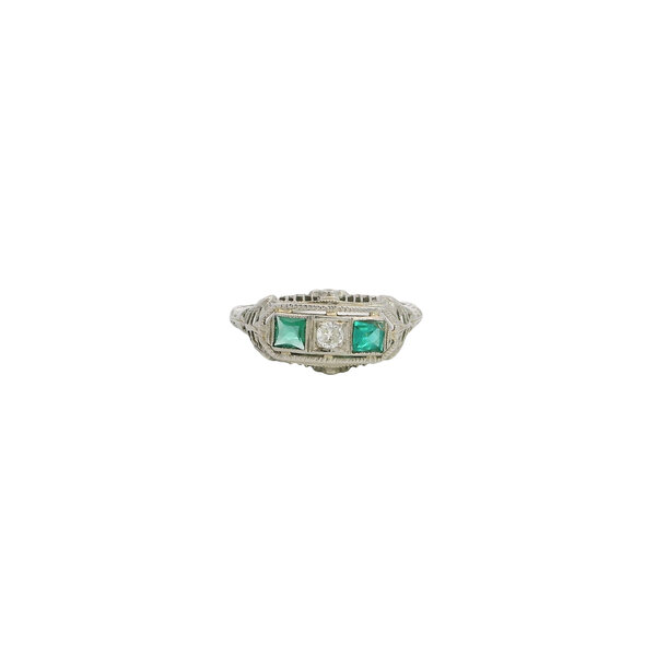 18K White Gold 1930's Three Stone .05ct Diamond & .30ct Synthetic Emerald Deco Ring Size 7.25