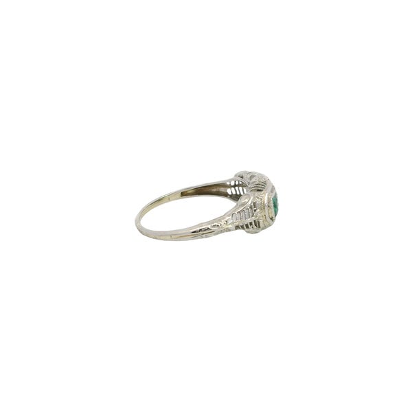 18K White Gold 1930's Three Stone .05ct Diamond & .30ct Synthetic Emerald Deco Ring Size 7.25