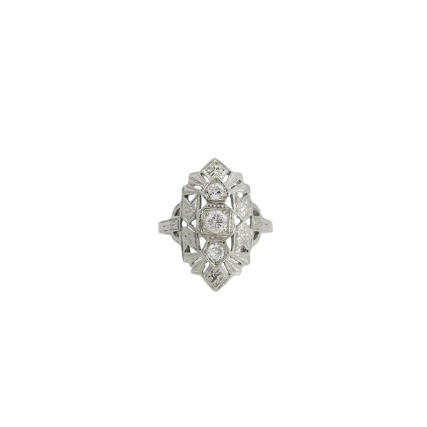 14K White Gold 1930's .32ct Diamond Art Deco Filigree Ring Size 6.5