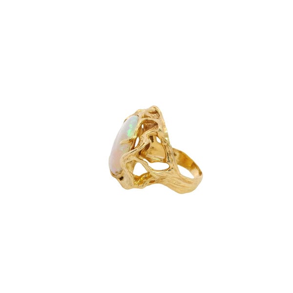 14K Yellow Gold 1970's 8.20ct Round Cabochon Ethiopan Opal Organic Ring Size 6.5