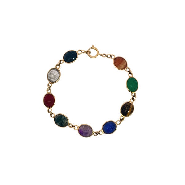 14K Yellow Gold 70's-80's Mixed Stone Single Link Scarab Bracelet 7.5"