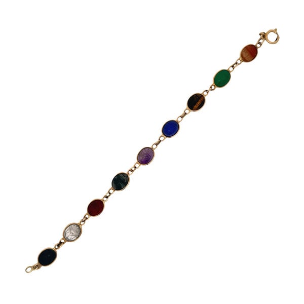 14K Yellow Gold 70's-80's Mixed Stone Single Link Scarab Bracelet 7.5"