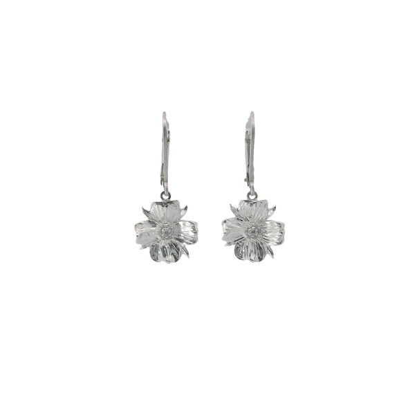 Sterling Silver Gold Creations Original Textured Cubic Zirconia Dogwood Leverback Earrings Mini