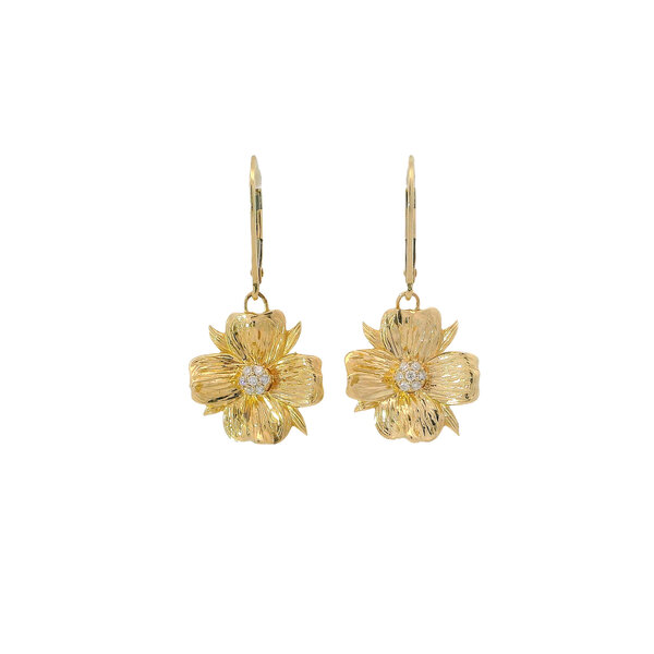 14K Yellow Gold Textured Gold Creations Original .07ct Lab Diamond Dogwood Leverback Earrings Small