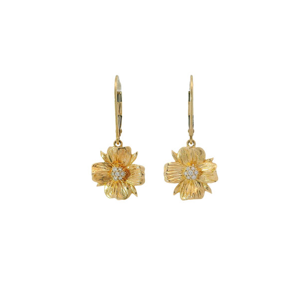 14K Yellow Gold GC Original Textured .32ct Lab Diamond Dogwood Leverback Earrings XS