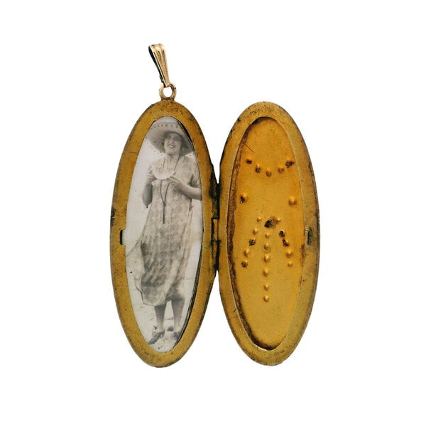 Gold Filled Early 1900's Glass Stones Crescent Moon & Scrollwork Locket 59x22mm