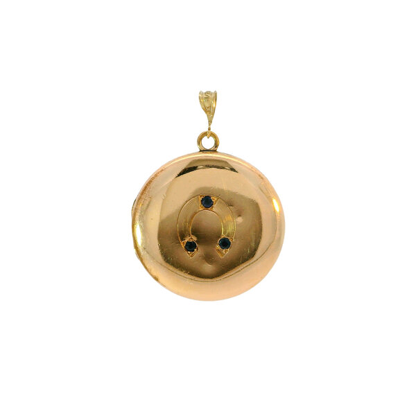 Gold Filled Early 1900's Blue Paste Stone Floral Horseshoe Round Locket 41x30mm