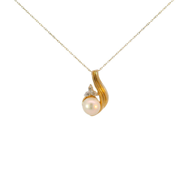 14K Yellow Gold Estate 7mm White Freshwater Pearl & .02ct Diamond Ribbon Neck 16"-18" Adjustable