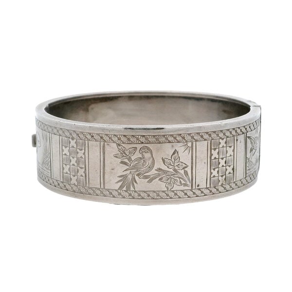 Sterling Silver Victorian Engraved Bird & Botanical Hinged Bangle Bracelet 7"