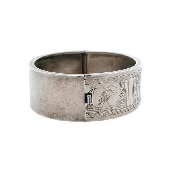 Sterling Silver Victorian Engraved Bird & Botanical Hinged Bangle Bracelet 7"
