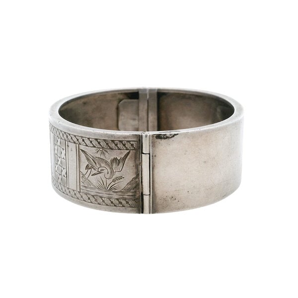 Sterling Silver Victorian Engraved Bird & Botanical Hinged Bangle Bracelet 7"