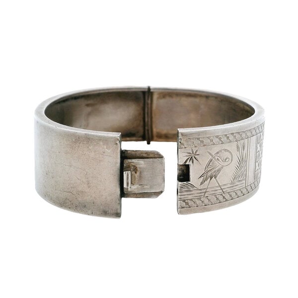 Sterling Silver Victorian Engraved Bird & Botanical Hinged Bangle Bracelet 7"