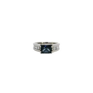 Plat Estate 2.26ct Radiant Cut Sapp .39ct Baguette Dia Ring Sz 6.25