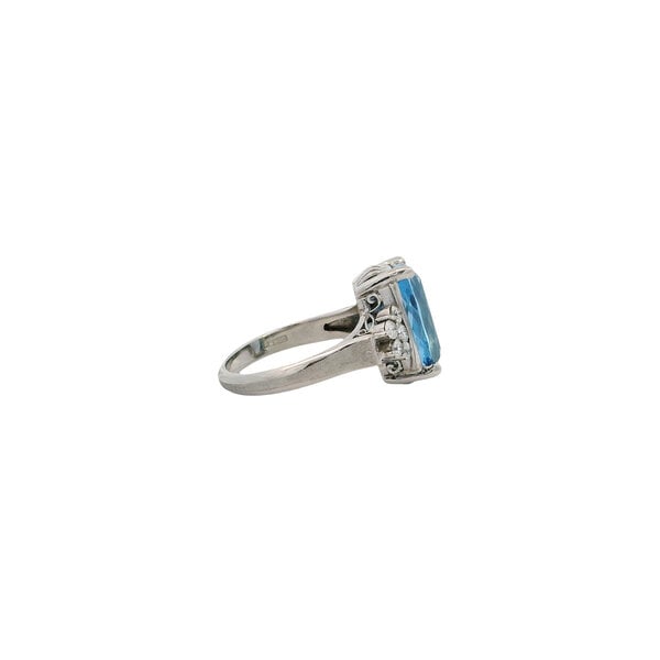 Platinum 1970's 4.14ct Elongated Cushion Cut Aquamarine & .36ct Diamond Ring Size 5.75