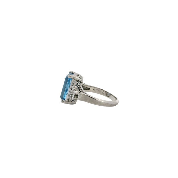 Platinum 1970's 4.14ct Elongated Cushion Cut Aquamarine & .36ct Diamond Ring Size 5.75