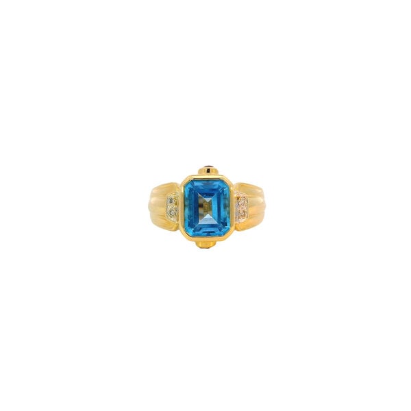 18K Yellow Gold Modern Estate 3ct Swiss Blue Topaz, .22ct Ruby, & .06ct Diamond Size 7.5