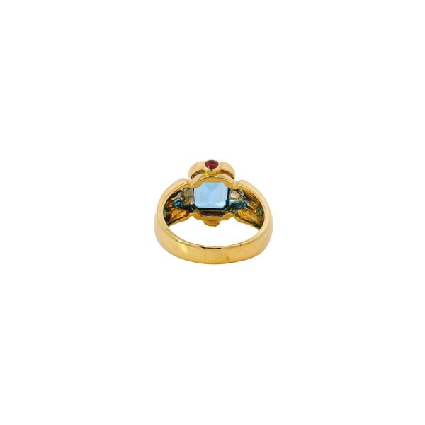 18K Yellow Gold Modern Estate 3ct Swiss Blue Topaz, .22ct Ruby, & .06ct Diamond Size 7.5