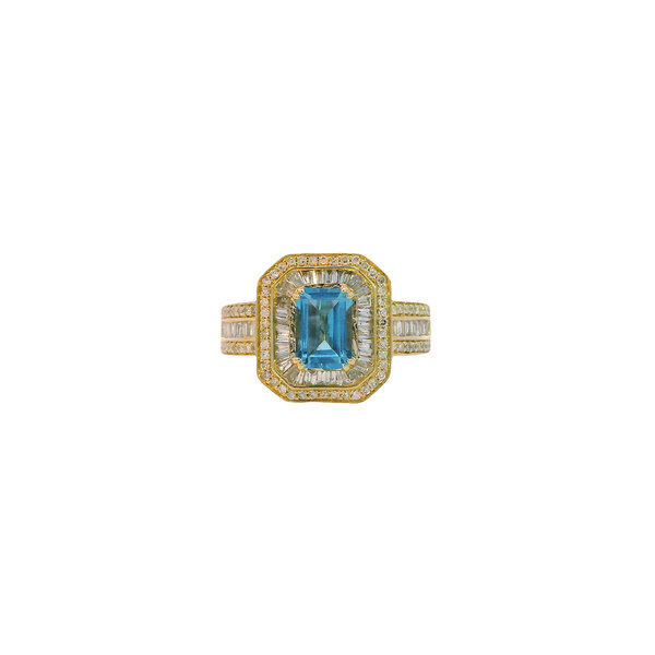 14K Yellow Gold Estate 1.33 Emerald Cut Blue Topaz & .65ct Diamond Halo Ring Size 6.5