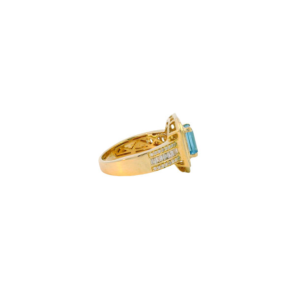 14K Yellow Gold Estate 1.33 Emerald Cut Blue Topaz & .65ct Diamond Halo Ring Size 6.5