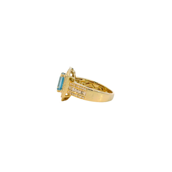 14K Yellow Gold Estate 1.33 Emerald Cut Blue Topaz & .65ct Diamond Halo Ring Size 6.5