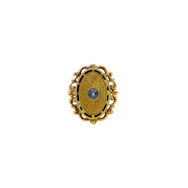 14K Yellow Gold Edwardian Revival Enamel .25ct Sapphire Filigree Ring Size 7.75