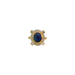 18KY 1970's 4.5ct Oval Cab Sapp .50ct Dia Halo Ring Sz 6.5