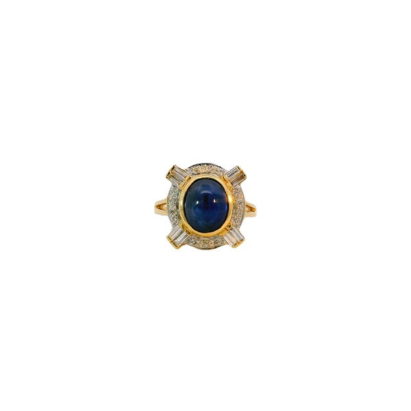 18K Yellow Gold 1970's 4.5ct Oval Cabochon Sapphire & .50ct Diamons Halo Ring Size 6.5