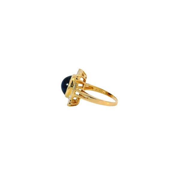 18K Yellow Gold 1970's 4.5ct Oval Cabochon Sapphire & .50ct Diamons Halo Ring Size 6.5