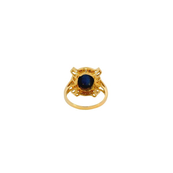 18K Yellow Gold 1970's 4.5ct Oval Cabochon Sapphire & .50ct Diamons Halo Ring Size 6.5