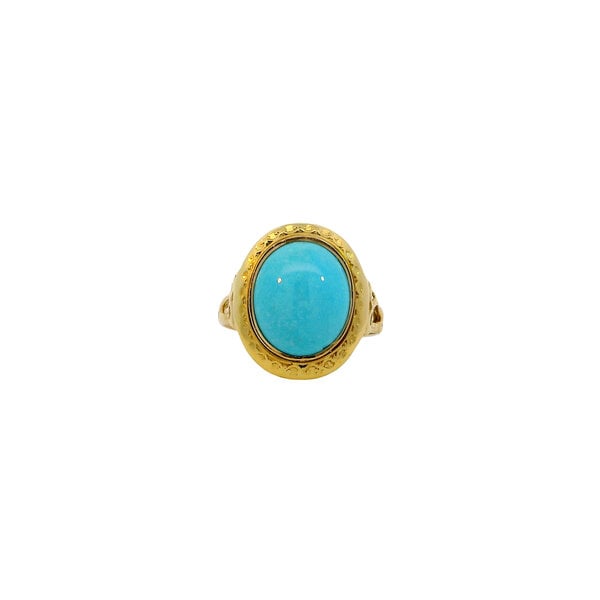 14K Yellow Gold 1960's 2.75ct Oval Cabochon Turquoise Ring Size 4