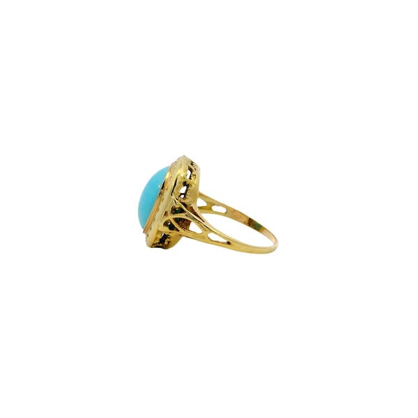 14K Yellow Gold 1960's 2.75ct Oval Cabochon Turquoise Ring Size 4