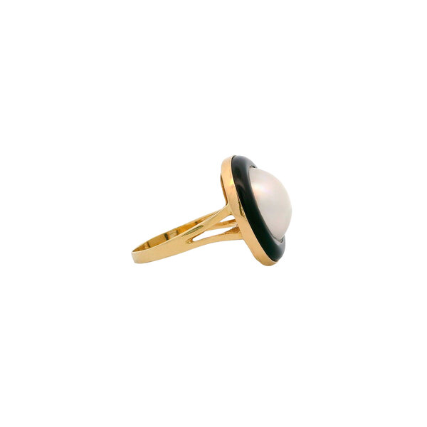 14K Yellow Gold 1970's 13mm White Mabe Pearl & Black Onyx Halo Ring Size 6.5
