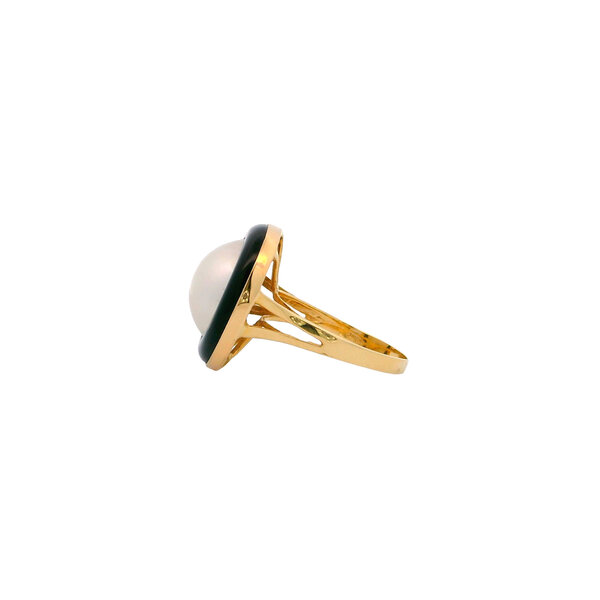 14K Yellow Gold 1970's 13mm White Mabe Pearl & Black Onyx Halo Ring Size 6.5