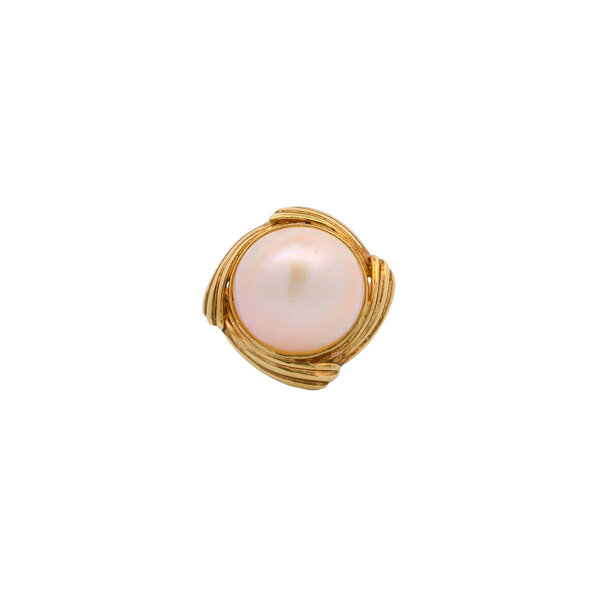 14K Yellow Gold 1970's 15mm White Mabe Pearl Textured Halo Ring Size 6