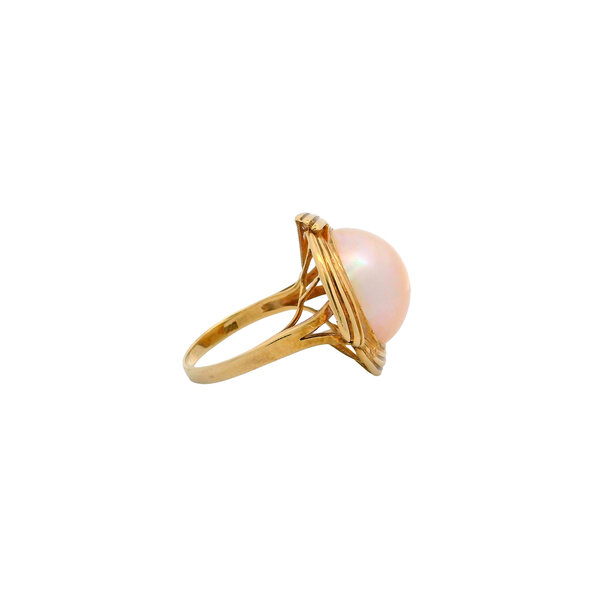 14K Yellow Gold 1970's 15mm White Mabe Pearl Textured Halo Ring Size 6