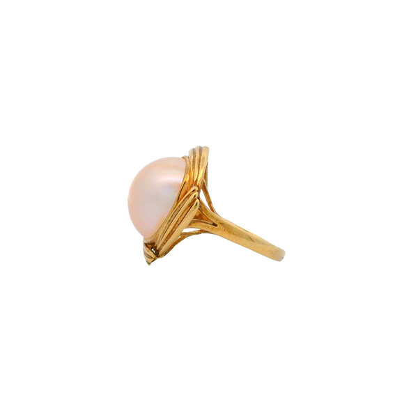 14K Yellow Gold 1970's 15mm White Mabe Pearl Textured Halo Ring Size 6