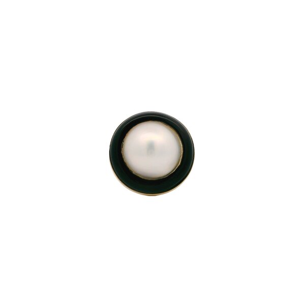 14K Yellow Gold 1970's 13mm White Mabe Pearl & Black Onyx Halo Ring Size 6.5
