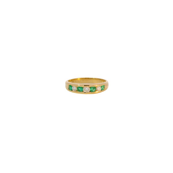 18K Yellow Gold 1980's .28ct Emerald & .22ct Diamond 4mm Channel Band Size 6