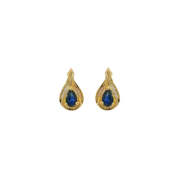 14K Yellow Gold Estate .75ct Pear Sapphire & .16ct Diamond Baguette Post Earrings 15mm Length